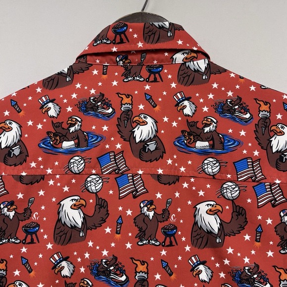 RSVLTS Mens Size Medium Button Down S/S Rust Red Shirt Grills Chills & Bills euc - Picture 5 of 6